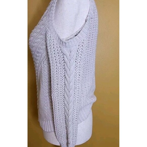 Aeropostale Womens Ivory Tan Cold Shoulder Open Knit Sweater Medium Mock Neck - Picture 3 of 11